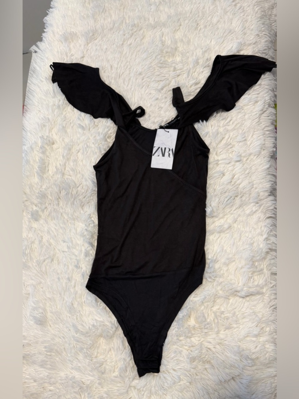 Zara Black Girls' Ruffle-Shoulder One-Piece Bodysuit